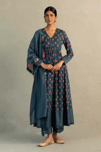 Charkhee Teal Phool Print Anarkali Set 