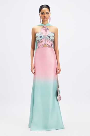 Aisha Rao Geranium Pink Aqua Ombre Gown 