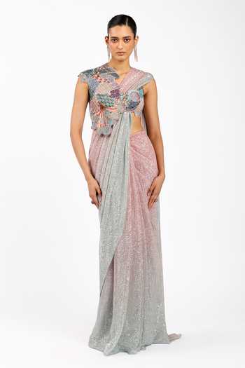 Aisha Rao Blume Sequin Work Pre-Draped Saree With Blouse 