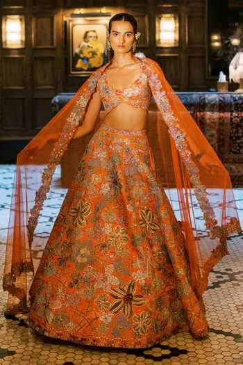 Aisha Rao Cyanora Orange Printed & Embellished Lehenga Set 