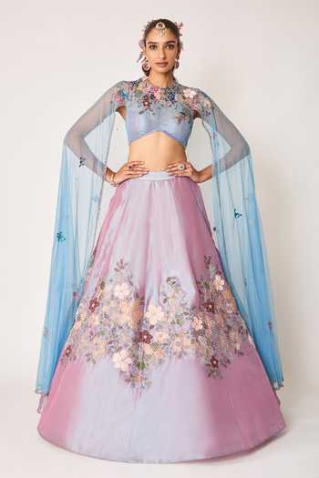 Aisha Rao Aubepine Wisteria Blue Tissue Lehenga & Cape Set 