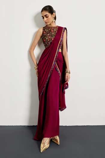 RI.Ritu Kumar Prune Zergul Pre-Draped Saree With Blouse 