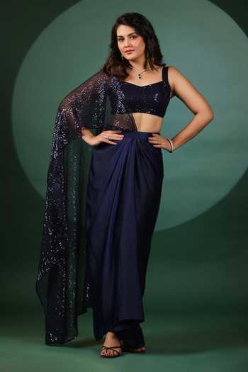 B'Infinite Blue Sequined Pre Draped Saree Set 