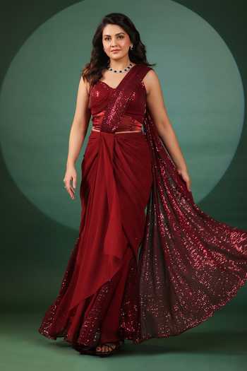 B'Infinite Red Sequined Pre Draped Saree & Blouse 