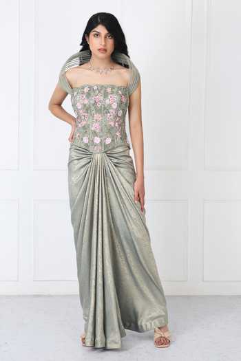 Isha Regalia Floral Embroidered Corset With Draped Skirt 