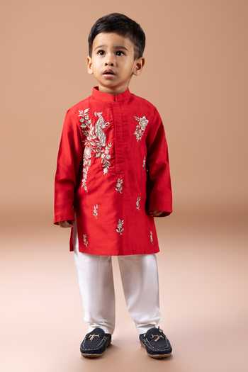 Little Brats Peacock Embroidered Kurta & Pyjama Set 