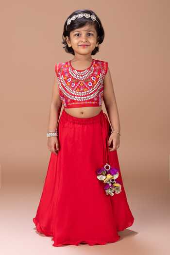 Little Brats Embroidered Cotton Silk Blouse & Lehenga Set 