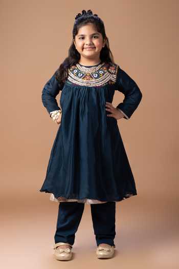 Little Brats Yoke Embroidered Cotton Silk Kurta & Pant Set 