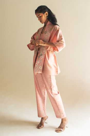 Oja Floral Applique Collar Open Shirt Pant Set 