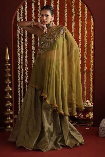 Aaroh By Dolly Sunehri Saanjh One Shoulder Cape Sharara Set 