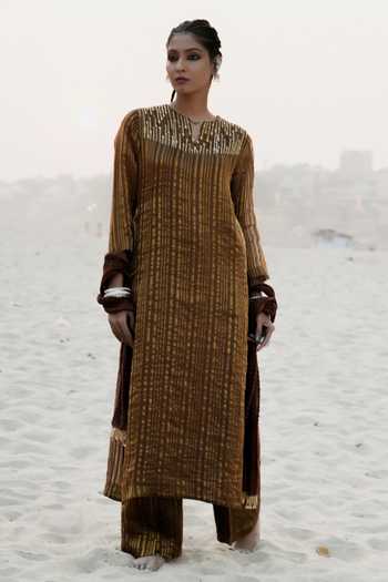 Eraaya by Ratika J Brown Banarasi Silk Embroidered Long Kurta Set 