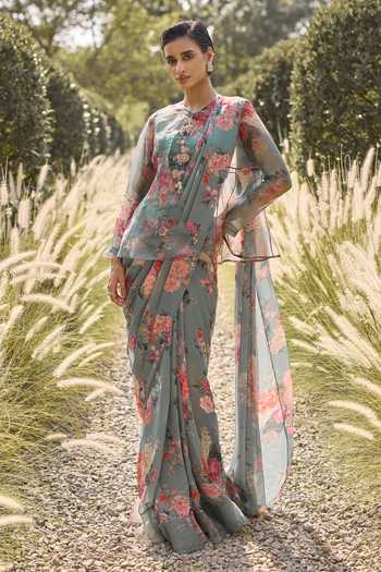 Ridhi Mehra Willow Print Saree Set With Jacket 