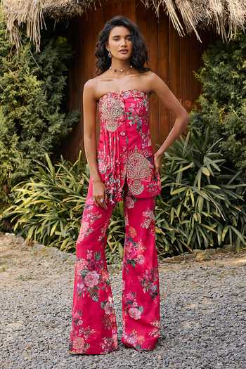 Ridhi Mehra Bloom Print Raw Silk Tube Jacket & Pant Set 