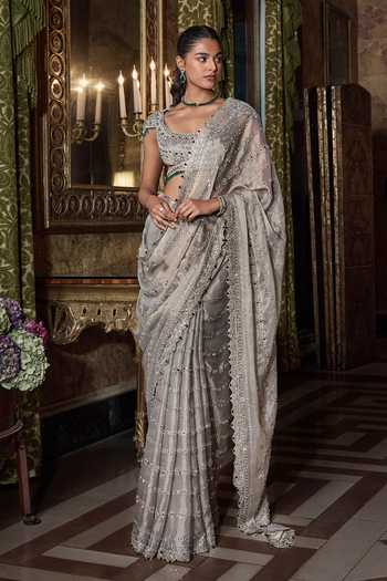 Seema Gujral Champagne Emerald Crystal Saree With Blouse