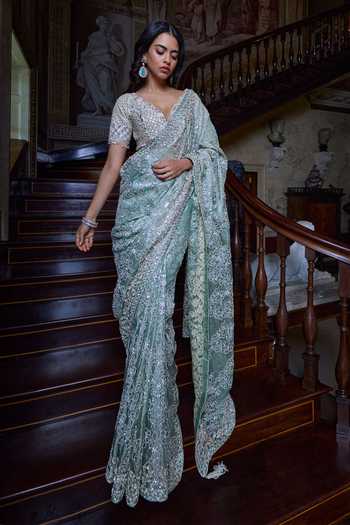 Seema Gujral Ivory Sage Zardozi Saree with Blouse