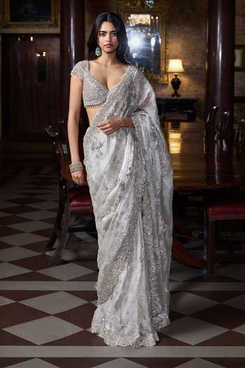 Seema Gujral Champagne Zardozi Saree With Blouse