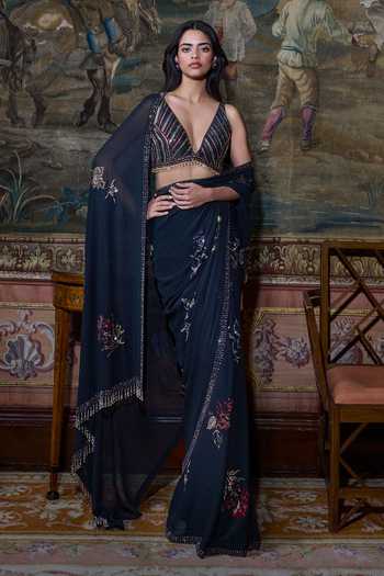Seema Gujral Black Crystal Georgette Saree With Blouse