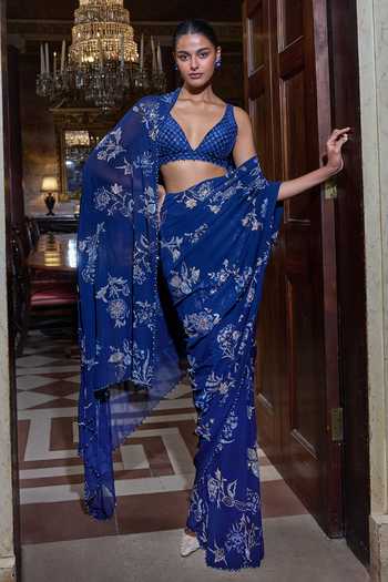 Seema Gujral Navy Blue Floral Crystal Saree With Blouse