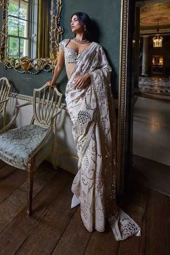 Seema Gujral Beige Mirror Work Saree With Blouse