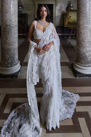 Seema Gujral Ivory 3D Embroidered Saree With Blouse