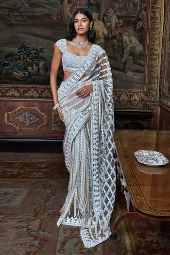 Seema Gujral Slate Ivory Stripe Saree With Blouse