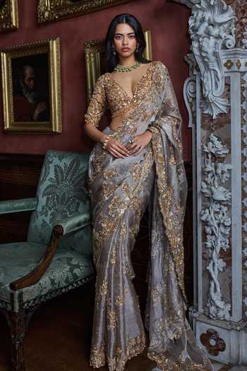 Seema Gujral Gun Metal Sequin Saree With Blouse