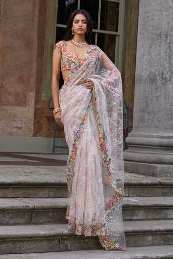 Seema Gujral Floral Embroidered Saree With Blouse