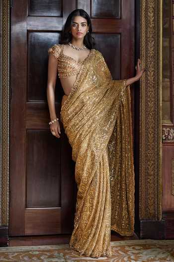 Seema Gujral Antique Gold Crystal Saree With Blouse