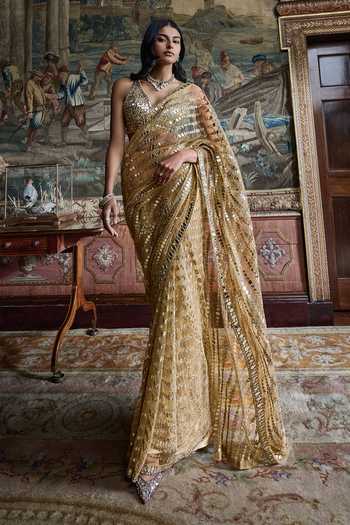Seema Gujral Gold Mirror Work Saree With Blouse