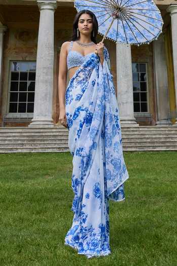 Seema Gujral Ivory & Blue Sequin Saree With Blouse