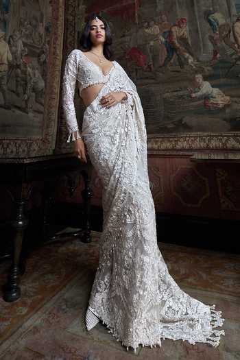 Seema Gujral Ivory Pearl Sequin Saree With Blouse