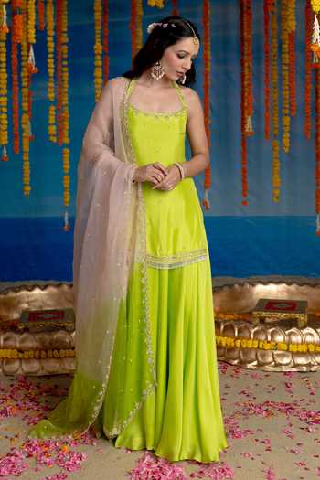 Mint Blush Citrine Halter Neck Kurta Flared Pant Set 