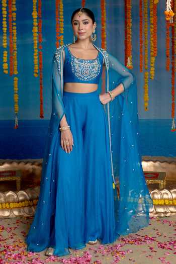 Mint Blush Cerulean Embroidered Cape Set 