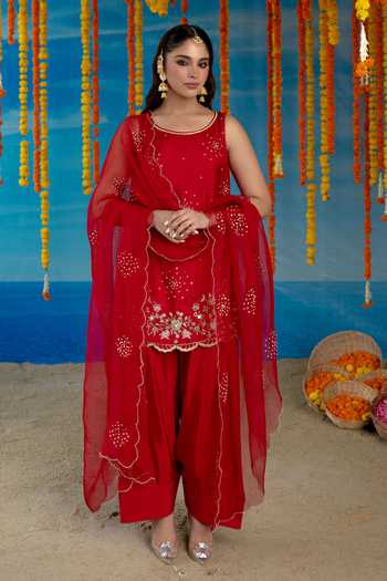 Mint Blush Scarlet Hand Embroidered Kurta Set 