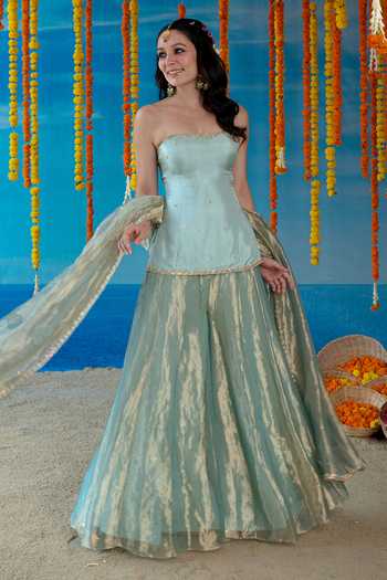 Mint Blush Aqua Embroidered Corset Palazzo Set 