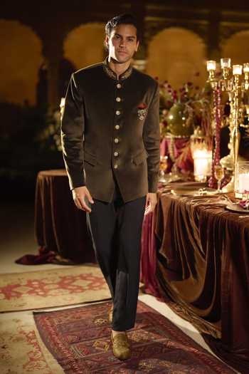 Seema Gujral Olive Green Velvet Bandhgala Set