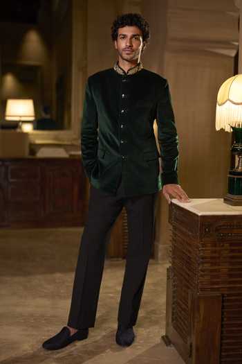 Seema Gujral Emerald Green Velvet Bandhgala Set