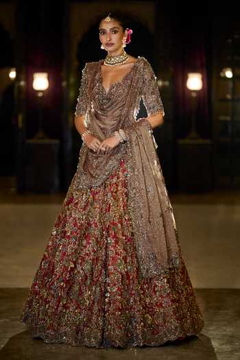 Seema Gujral Antique Gold Maroon Bridal Lehenga Set