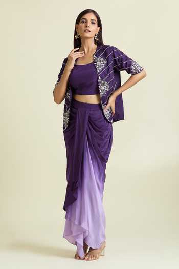 Samyukta Singhania Embellished Floral Jacket Ombre Draped Skirt Set 
