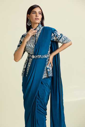 Samyukta Singhania Dori Embroidered Slit Blouse & Pre-Draped Saree Set 