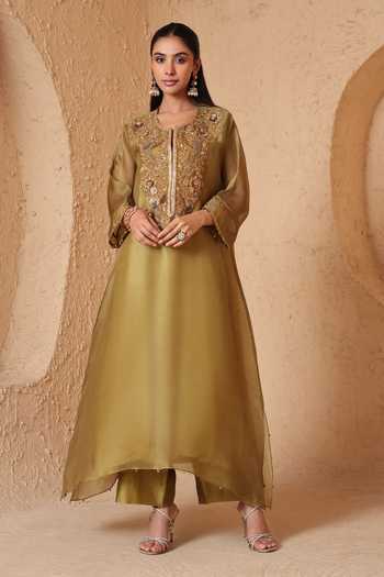 Label Niti Bothra Mehrang Olive Green Kaftan Kurta & Pant Set