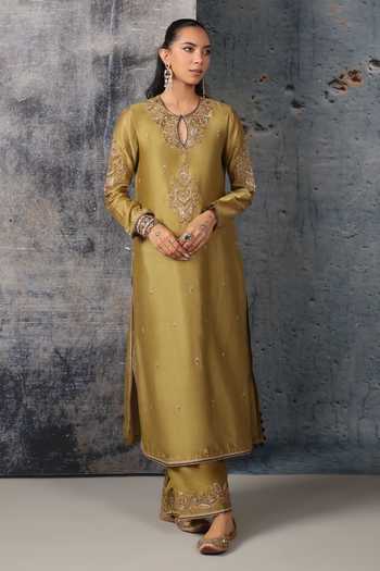 Label Niti Bothra Mehrang Olive Green Straight Long Kurta Set