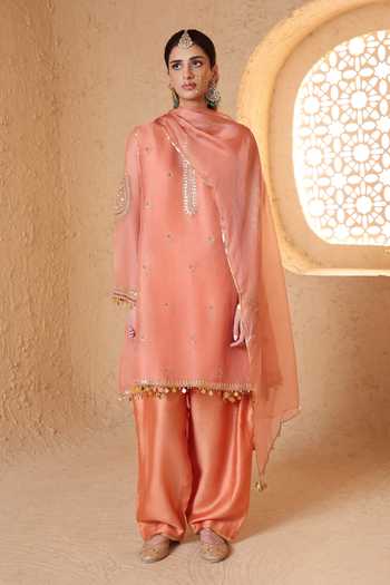 Label Niti Bothra Mehrang Peach Short Pheran Kurta Set