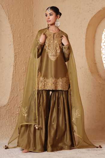 Label Niti Bothra Mehrang Olive Green Heavy Sharara Set