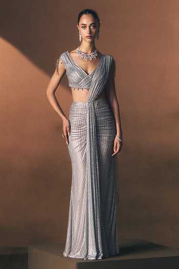 Angad Singh Pewter Soft Net Saree & Blouse Set 