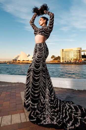 Kaynaat By Aanchal Sawhney Embroidered Black Lehenga Set with Feather Cuffs 