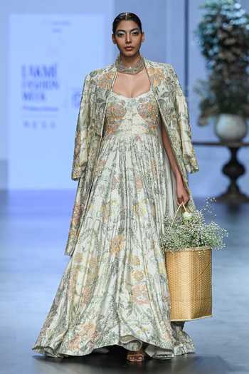 Paulmi And Harsh Floral Print Corset Anarkali With Jacket 