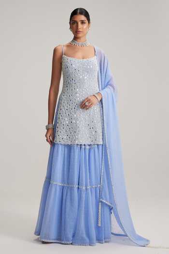 Vvani By Vani Vats Dew Blue Embroidered Kurta Sharara Set 