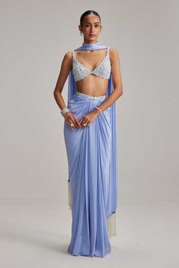 Vvani By Vani Vats Dew Blue Satin Draped Skirt Set 