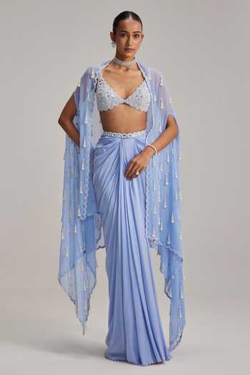 Vvani By Vani Vats Dew Blue Cape & Draped Skirt Set 